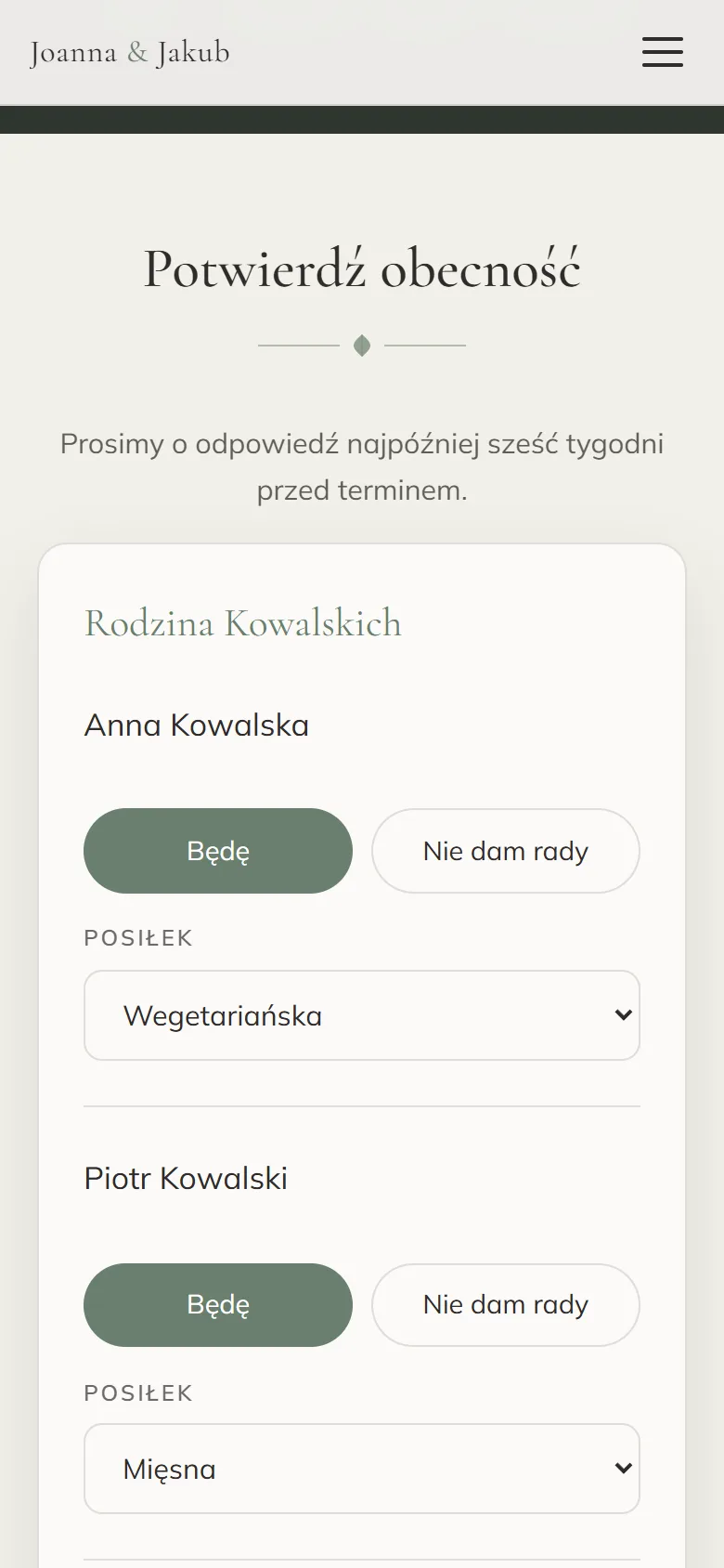 Formularz potwierdzenia obecności dla rodziny Kowalskich: każda osoba osobno, z wyborem posiłku